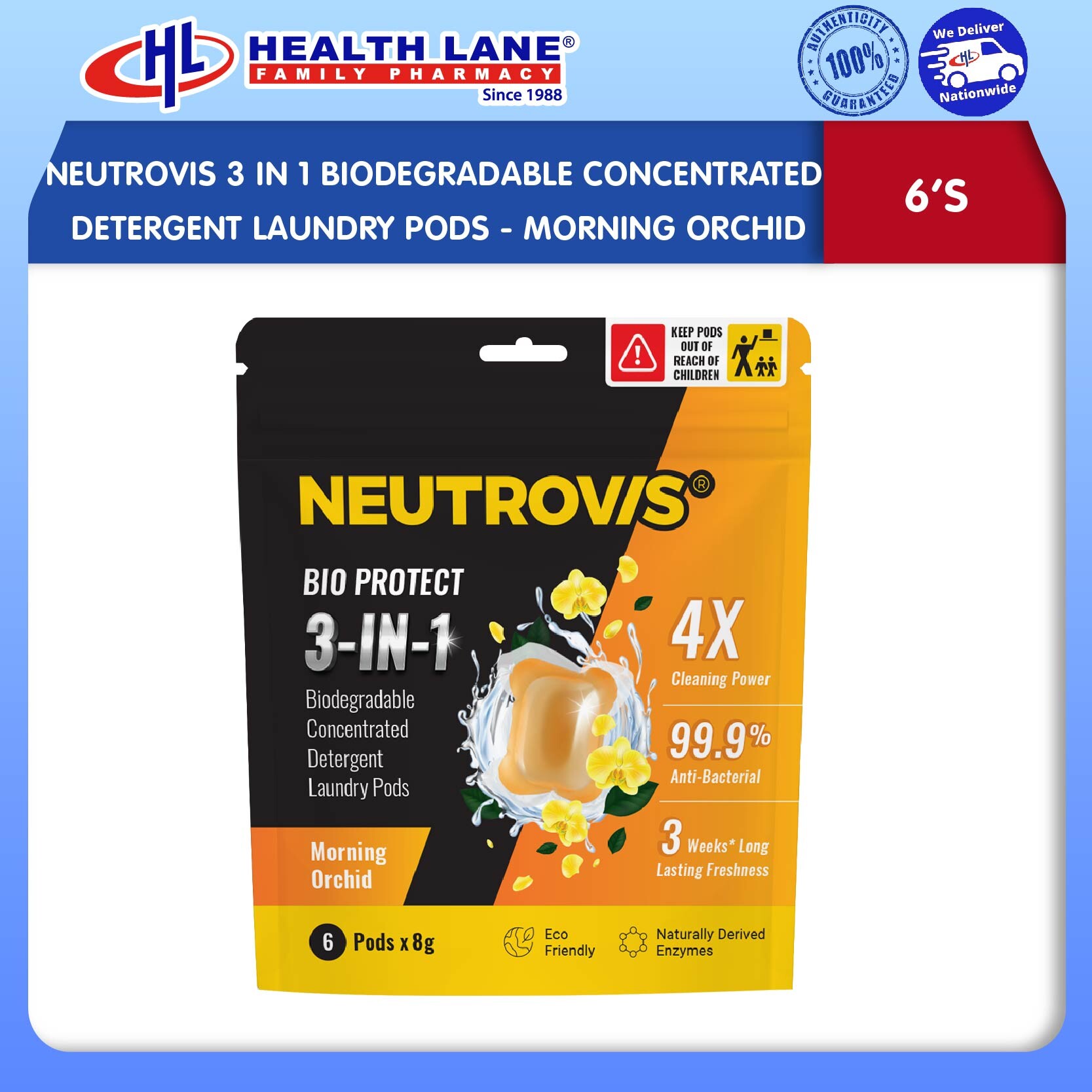 NEUTROVIS 3 IN 1 BIODEGRADABLE CONCENTRATED DETERGENT LAUNDRY PODS (6'S) - MORNING ORCHID